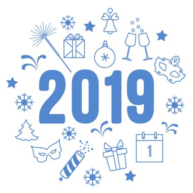 Yeni yıl sembolleri. Hediyeler, havai fişek, havai fişek, boncuk, şampanya, çan, yılbaşı ağacı, maske, takvim, yıldız, kar taneleri ile gözlük.