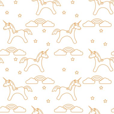 Sihirli unicorn ve yıldız, bulutlar, gökkuşağı ile Seamless modeli. Tasarım çocuk grafik, t-shirt, kapak, hediye kartı için.