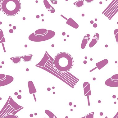 Şişme yatak, şişme daire, dondurma, şapka, Gözlük, plaj terlikleri ile Seamless modeli. Yaz dinlenme kavramı.