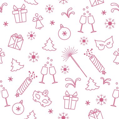 Yeni yıl sembolleri ile Seamless modeli. Hediyeler, havai fişek, havai fişek, boncuk, şampanya, çan, yılbaşı ağacı, maske, takvim, yıldız, kar taneleri ile gözlük.