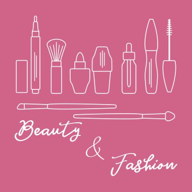 Makyaj. Dekoratif kozmetik Kozmetik yağı. Glamour moda moda stil. Göz kalemi, fırçalar, ruj, Kozmetik yağı, aplikatör, maskara.