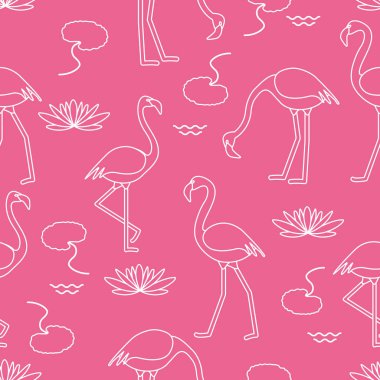 Flamingo, çiçek ve yaprakları nilüferler ile Seamless modeli. Tasarım poster ya da baskı için.