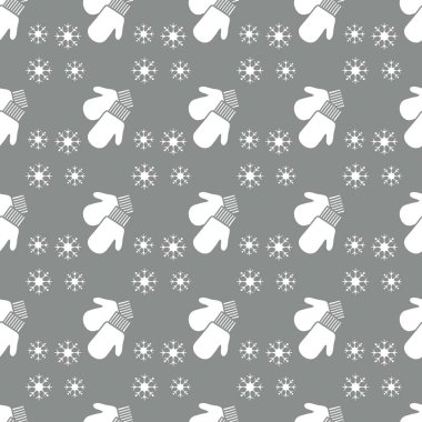 Vektör kış seamless modeli ile kar taneleri, mittens. Noel ve yeni yıl 2019 arka plan. Tasarım için sarma, kumaş, yazdırma.