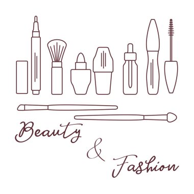 Makyaj. Dekoratif kozmetik Kozmetik yağı. Glamour moda moda stil. Göz kalemi, fırçalar, ruj, Kozmetik yağı, aplikatör, maskara.