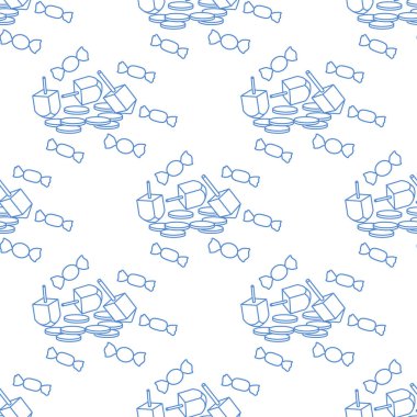 Topaç, sevivon, paralar, tatlılar ile Seamless modeli. Yahudi Bayramı Hanuka. Çocuk oyunu.