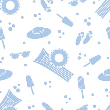 Şişme yatak, şişme daire, dondurma, şapka, Gözlük, plaj terlikleri ile Seamless modeli. Yaz dinlenme kavramı.