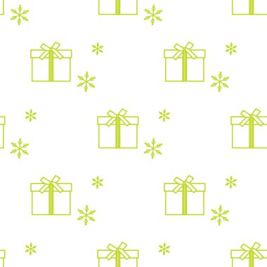 Hediye kutuları ile Seamless modeli şeritler ve kar taneleri ile bağlı. Tasarım kartpostal, davet, afiş için.