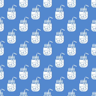 Güler yüzlü kavanoz ve tüpler ile Seamless modeli. Sağlıklı beslenme alışkanlıkları. Kolay pişirme işlemi.