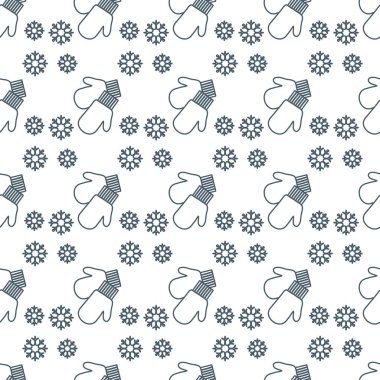 Vektör kış seamless modeli ile kar taneleri, mittens. Noel ve yeni yıl 2019 arka plan. Tasarım için sarma, kumaş, yazdırma.