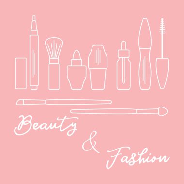 Makyaj. Dekoratif kozmetik Kozmetik yağı. Glamour moda moda stil. Göz kalemi, fırçalar, ruj, Kozmetik yağı, aplikatör, maskara.
