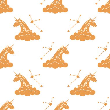 Sihirli unicorn ve takımyıldızları, bulutlar ile Seamless modeli. Tasarım çocuk grafik, t-shirt, kapak, hediye kartı için.