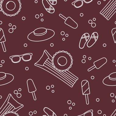 Şişme yatak, şişme daire, dondurma, şapka, Gözlük, plaj terlikleri ile Seamless modeli. Yaz dinlenme kavramı.