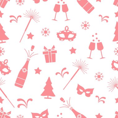 Yeni yıl sembolleri ile Seamless modeli. Hediyeler, havai fişek, şişe ve bardak şampanya, yılbaşı ağacı, maske, yıldız, kar taneleri ile.