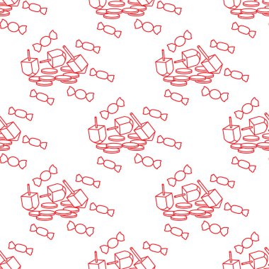 Topaç, sevivon, paralar, tatlılar ile Seamless modeli. Yahudi Bayramı Hanuka. Çocuk oyunu.