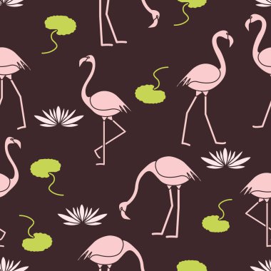 Flamingo, çiçek ve yaprakları nilüferler ile Seamless modeli. Tasarım poster ya da baskı için.