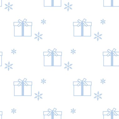 Hediye kutuları ile Seamless modeli şeritler ve kar taneleri ile bağlı. Tasarım kartpostal, davet, afiş için.