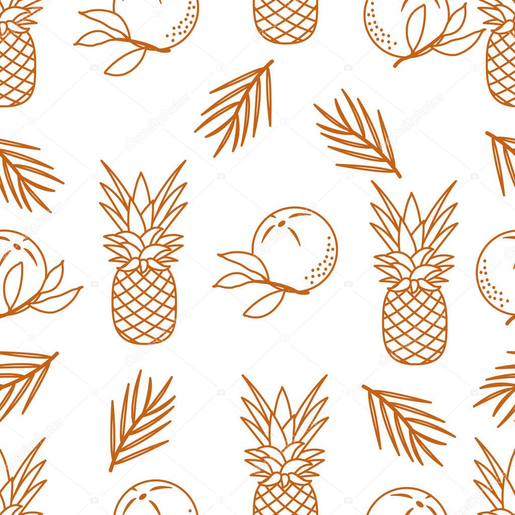 Seamless pattern with pineapples, orange, leaves. Tropical fruit. Summer background.