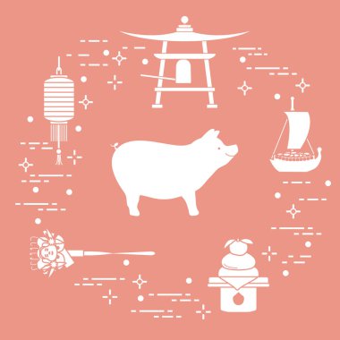 Mutlu yeni yıl 2019 kartı. Japonya'da yeni yıl sembolleri. Yaban domuzu, fener, çan, mochi, portakal, hazine gemi. Farklı ülkelerin şenlikli gelenekleri.