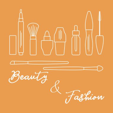 Makyaj. Dekoratif kozmetik Kozmetik yağı. Glamour moda moda stil. Göz kalemi, fırçalar, ruj, Kozmetik yağı, aplikatör, maskara.