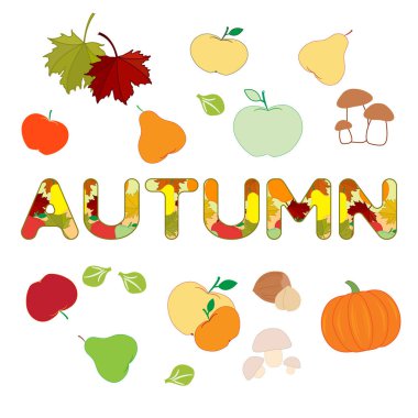 Vektör çizim ile akçaağaç yaprakları, elma, mantar, armut, ceviz, Brüksel lahanası, kabak ve sonbahar yazıt. Hasat Festivali. Şükran günü.