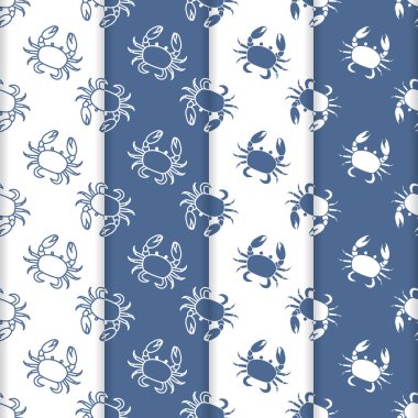 Yengeç ile 4 vektör Dikişsiz desen set. Deniz sakinleri. Hayvanlar su altında. Deniz ürünleri. Ambalaj Kağıt, kumaş ve diğer yazdırma için tasarım.