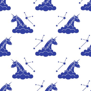Sihirli unicorn ve takımyıldızları, bulutlar ile Seamless modeli. Tasarım çocuk grafik, t-shirt, kapak, hediye kartı için.