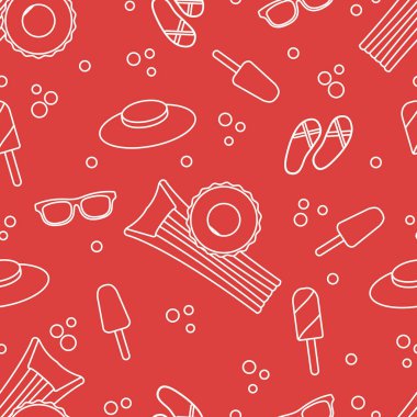 Şişme yatak, şişme daire, dondurma, şapka, Gözlük, plaj terlikleri ile Seamless modeli. Yaz dinlenme kavramı.