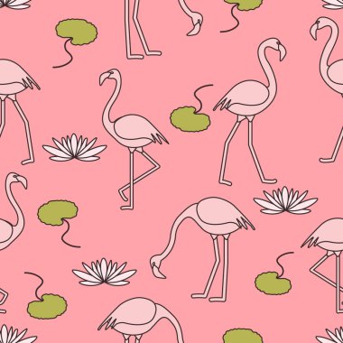 Flamingo, çiçek ve yaprakları nilüferler ile Seamless modeli. Tasarım poster ya da baskı için.