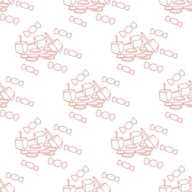 Topaç, sevivon, paralar, tatlılar ile Seamless modeli. Yahudi Bayramı Hanuka. Çocuk oyunu.