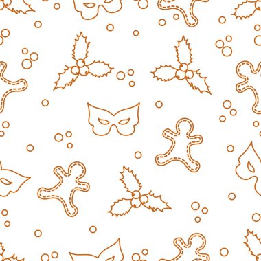 Zencefilli kurabiye adam, ökse otu, maske ile Seamless modeli. Noel ve yeni yıl 2019 arka plan. Ambalaj Kağıt, kumaş ve diğer yazdırma için tasarım.