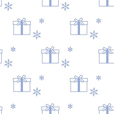 Hediye kutuları ile Seamless modeli şeritler ve kar taneleri ile bağlı. Tasarım kartpostal, davet, afiş için.