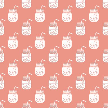 Güler yüzlü kavanoz ve tüpler ile Seamless modeli. Sağlıklı beslenme alışkanlıkları. Kolay pişirme işlemi.