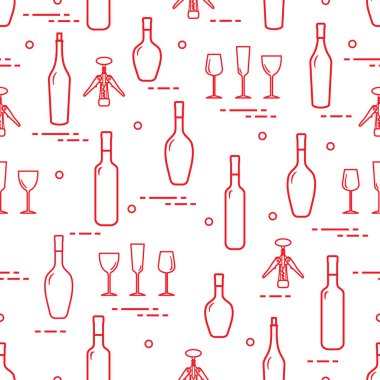 Şarap, Gözlük, tirbuşon, şarap şişeleri seamless modeli. Şarap yapma. Tatmak. Sommelier.