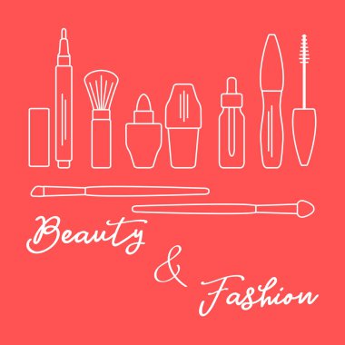 Makyaj. Dekoratif kozmetik Kozmetik yağı. Glamour moda moda stil. Göz kalemi, fırçalar, ruj, Kozmetik yağı, aplikatör, maskara.