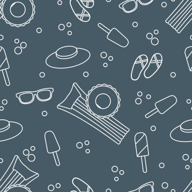 Şişme yatak, şişme daire, dondurma, şapka, Gözlük, plaj terlikleri ile Seamless modeli. Yaz dinlenme kavramı.