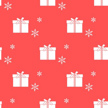 Hediye kutuları ile Seamless modeli şeritler ve kar taneleri ile bağlı. Tasarım kartpostal, davet, afiş için.