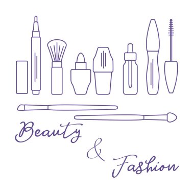 Makyaj. Dekoratif kozmetik Kozmetik yağı. Glamour moda moda stil. Göz kalemi, fırçalar, ruj, Kozmetik yağı, aplikatör, maskara.