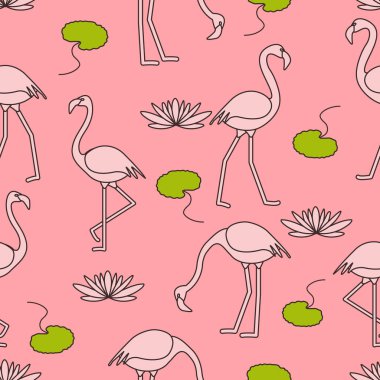 Flamingo, çiçek ve yaprakları nilüferler ile Seamless modeli. Tasarım poster ya da baskı için.