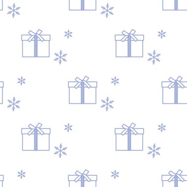 Hediye kutuları ile Seamless modeli şeritler ve kar taneleri ile bağlı. Tasarım kartpostal, davet, afiş için.