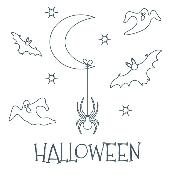 Halloween 2019 Vectorillustratie Met Maand Sterren Spinnen Vleermuizen Ghosts Ontwerp — Stockvector