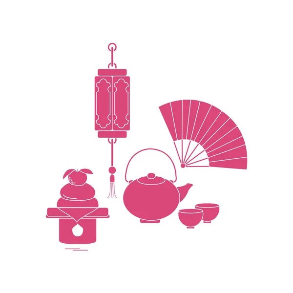 Eastern New Year symbols. Chinese lantern, kettle with two cups, fan, kagami mochi. Festive traditions of different countries.