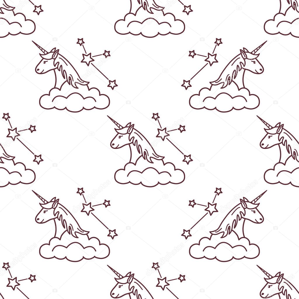 Seamless pattern with magic unicorn and constellations, clouds. Design for children graphic, t-shirt, cover, gift card.