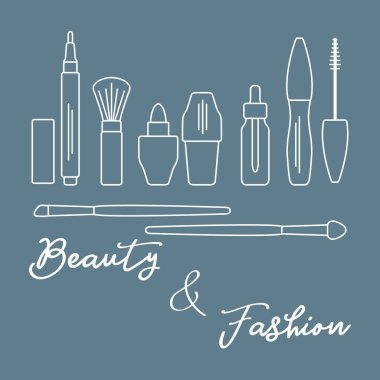 Makyaj. Dekoratif kozmetik Kozmetik yağı. Glamour moda moda stil. Göz kalemi, fırçalar, ruj, Kozmetik yağı, aplikatör, maskara.