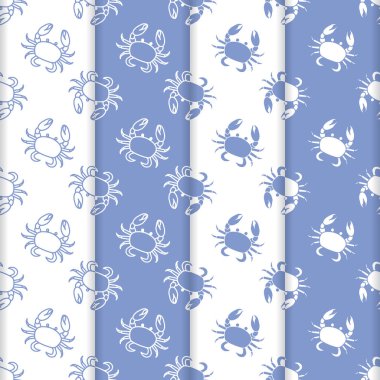 Yengeç ile 4 vektör Dikişsiz desen set. Deniz sakinleri. Hayvanlar su altında. Deniz ürünleri. Ambalaj Kağıt, kumaş ve diğer yazdırma için tasarım.