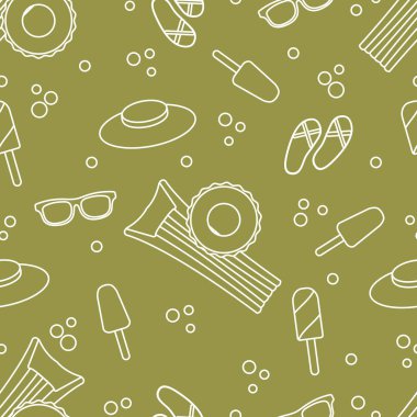 Şişme yatak, şişme daire, dondurma, şapka, Gözlük, plaj terlikleri ile Seamless modeli. Yaz dinlenme kavramı.