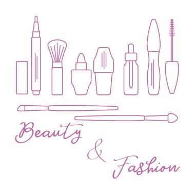 Makyaj. Dekoratif kozmetik Kozmetik yağı. Glamour moda moda stil. Göz kalemi, fırçalar, ruj, Kozmetik yağı, aplikatör, maskara.