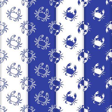 Yengeç ile 4 vektör Dikişsiz desen set. Deniz sakinleri. Hayvanlar su altında. Deniz ürünleri. Ambalaj Kağıt, kumaş ve diğer yazdırma için tasarım.