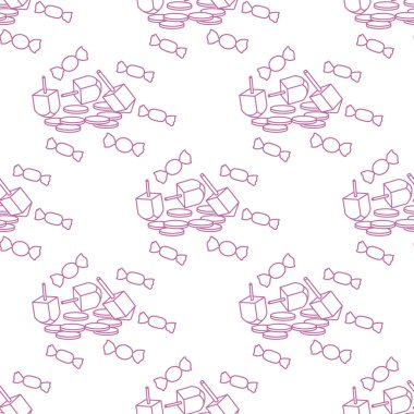 Topaç, sevivon, paralar, tatlılar ile Seamless modeli. Yahudi Bayramı Hanuka. Çocuk oyunu.