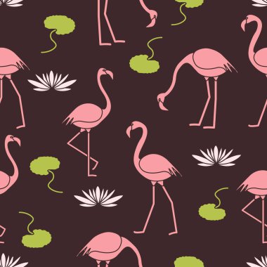 Flamingo, çiçek ve yaprakları nilüferler ile Seamless modeli. Tasarım poster ya da baskı için.