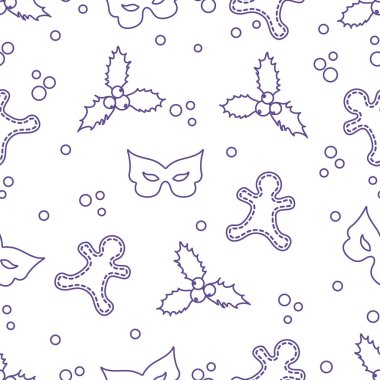 Zencefilli kurabiye adam, ökse otu, maske ile Seamless modeli. Noel ve yeni yıl 2019 arka plan. Ambalaj Kağıt, kumaş ve diğer yazdırma için tasarım.